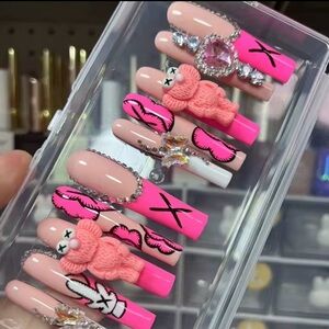 Pink 3D Teddy & Rhinestone Long Press-On Nails